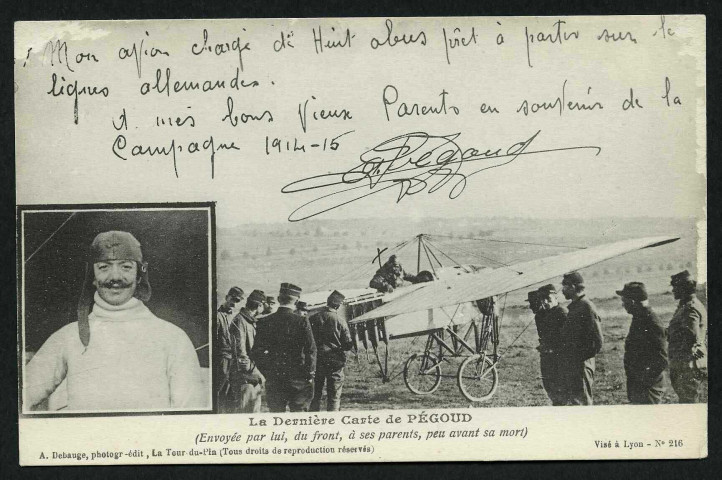Dernière carte de PEGOUD (envoyée du front à ses parents, peu avant sa mort)