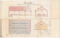 Projet de construction d'un lavoir public au faubourg des Vosges : plan, élévation, coupe.
