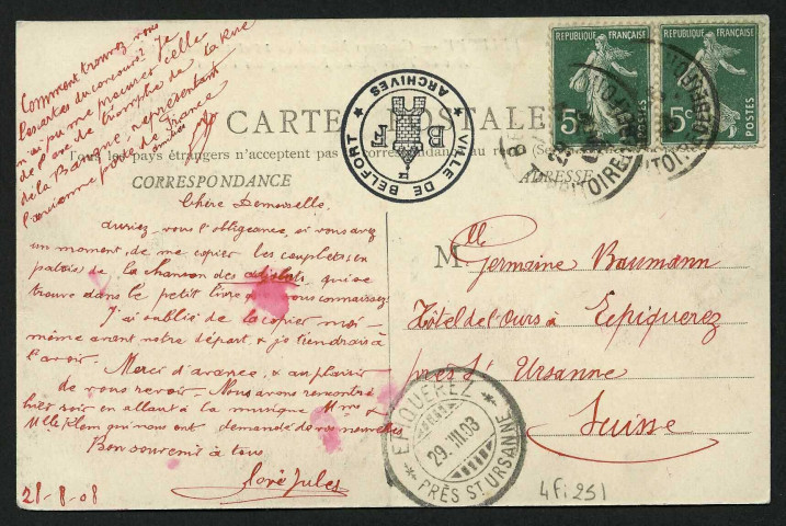BELFORT - Concours Musical du 15 et 16 août 1908 - Arc de Triomphe du faubourg des Vosges