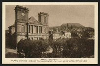 BELFORT - Place d'Armes, Eglise Saint-Christophe, au loin le Château et le Lion