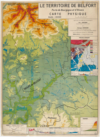 Plans du Territoire de Belfort : carte économique et carte physique, 2 plans imprimés l'un au recto, l'autre au verso1/2 : Le Territoire de Belfort, porte de Bourgogne et d'Alsace - carte économiqueCarte avec légende (économie - exploitations agricoles - évolution de la population)2/2 : Le Territoire de Belfort, porte de Bourgogne et d'Alsace - carte physiqueCarte avec légende (géologie - vents)