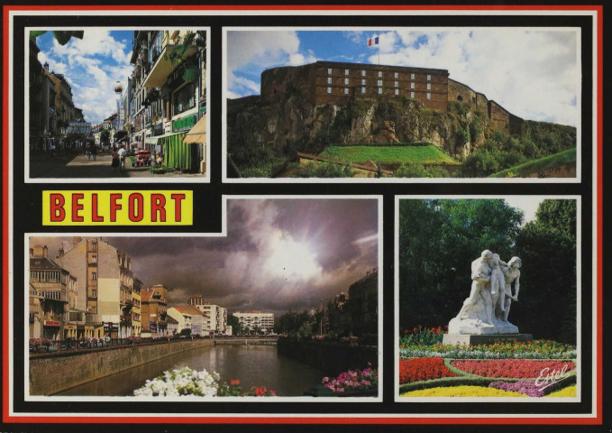 Multi-vues « Belfort » : le faubourg de France, le Lion et le château, la Savoureuse, le square Lechten