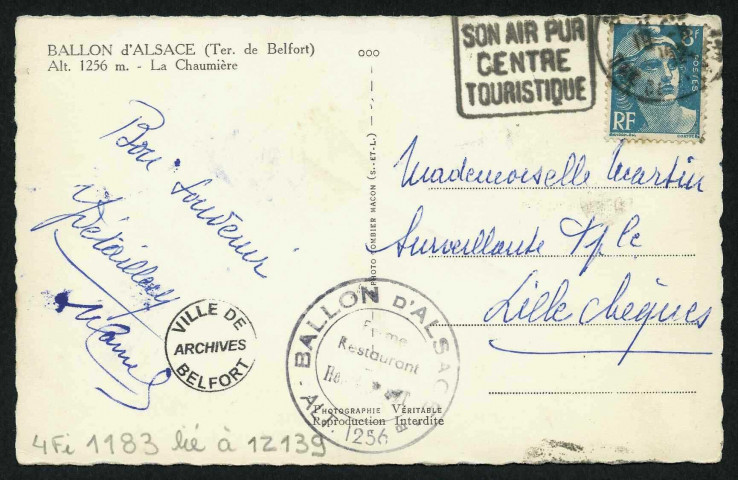 La Chaumière au Ballon d'Alsace, Carte postale noir et blanc, bords découpésEcrite et timbrée au dosComporte le cachet d'une ferme-restaurant au Ballon d'Alsace au dos