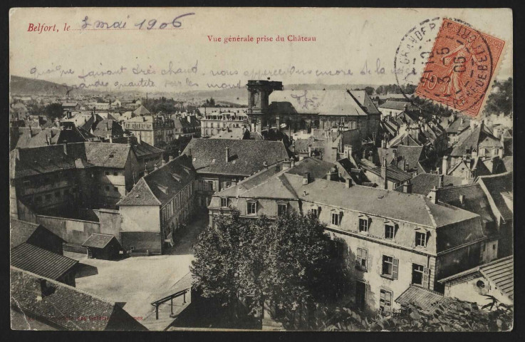 Belfort - Vue générale prise du château (rue de l'étuve arsenal, prison, cathédrale) (2 exemplaires)
