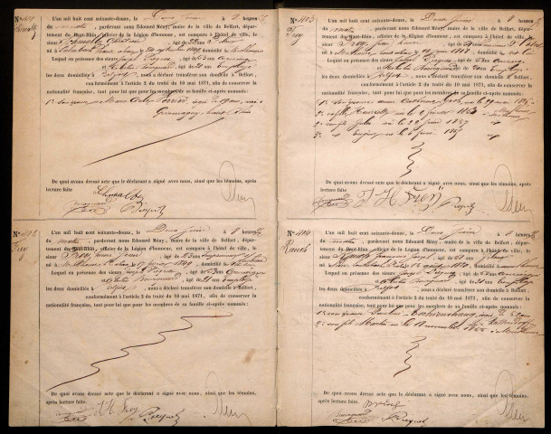 Election de domicile : registre d'inscription des personnes optant pour la nationalité française et ayant choisi d'élire domicile à Belfort (Alsaciens-Lorrains), du 2 juin au 14 juillet 1872.