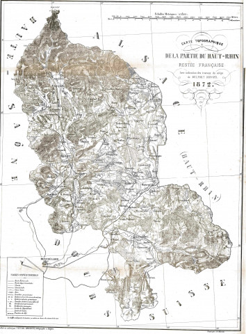 Carte topographique de la partie du Haut-Rhin restée française (1872), avec indication des travaux du siège de Belfort 1870-1871, gravée par J. A. Martini, publiée et éditée par Victor Barbier, lithographe à Belfort