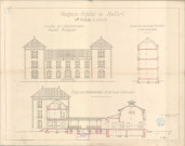 Hospice - Hôpital de Belfort, pavillon de l'administration : façade principale, élévation et coupes.