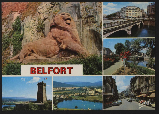 Multi-vues « Belfort » : le Lion, le pont Carnot, la tour de la Miotte, l'étang des Forges, les rives de la Savoureuse, la faubourg de France