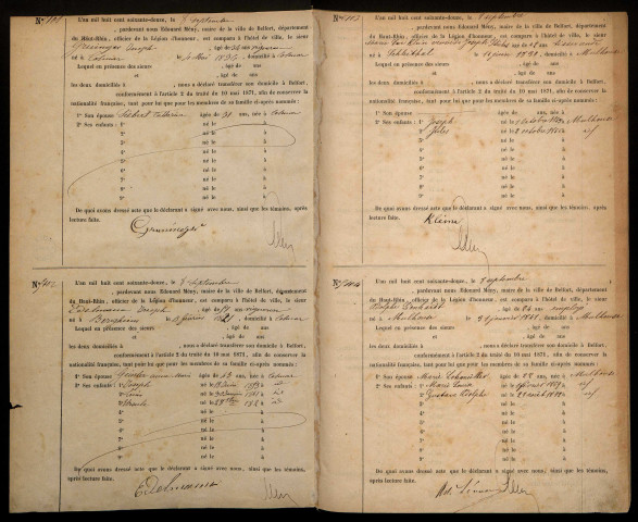 Election de domicile : registre d'inscription des personnes optant pour la nationalité française et ayant choisi d'élire domicile à Belfort (Alsaciens-Lorrains), du 8 au 18 septembre 1872.