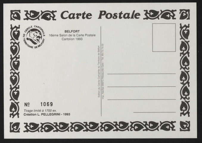 16è salon de la carte postale 3-4 avril 1993 (dessin de Louis Pellegrini) (2 exemplaires numérotés 1069 et 1144)