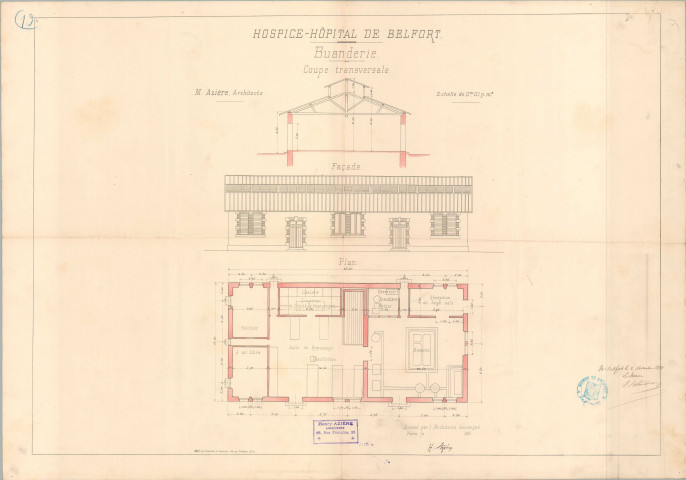 Hospice - Hôpital de Belfort, buanderie : coupe transversale, façade et plan.