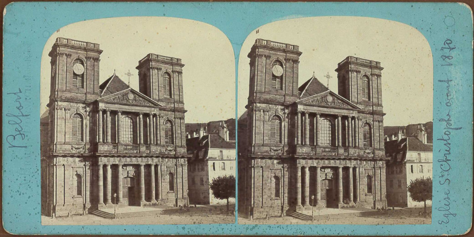 Vues stéréoscopiques de Belfort, par Adolphe Braun (1870-1871)
6 photographies noir et blanc
1/6 : côté nord de la Place d'Armes (maison Grosborne)
2/6 : Saint Christophe avant 1870
3/6 : Saint Christophe après les bombardements
4/6 : le Château
5/6 : des soldats allemands au pied de la Tour de la Miotte
6/6 : un fort occupé par les prussiens