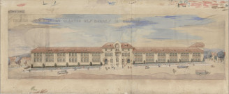 École des Barres : façade sur rue, (projet non réalisé).Inscription en haut à gauche sur le plan : "In labore robur"
