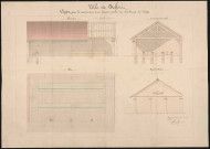 Projet de construction d'un lavoir public au faubourg des Vosges : plan, élévation, coupe.