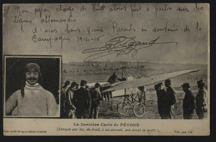 La dernière carte de Pégoud (envoyée par lui, du front, à ses parents, peu avant sa mort)