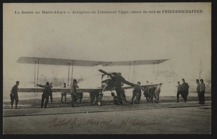 La guerre en Haute-Alsace - Aéroplane du lieutenant Sippe, retour du raid de Friederichaffer