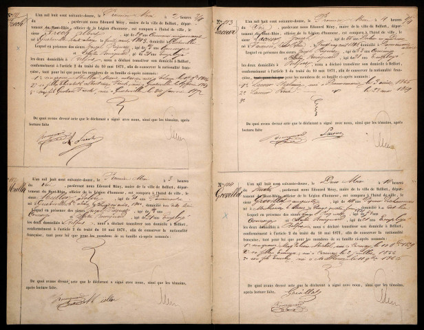 Election de domicile : registre d'inscription des personnes optant pour la nationalité française et ayant choisi d'élire domicile à Belfort (Alsaciens-Lorrains), du 1er au 1er juin 1872