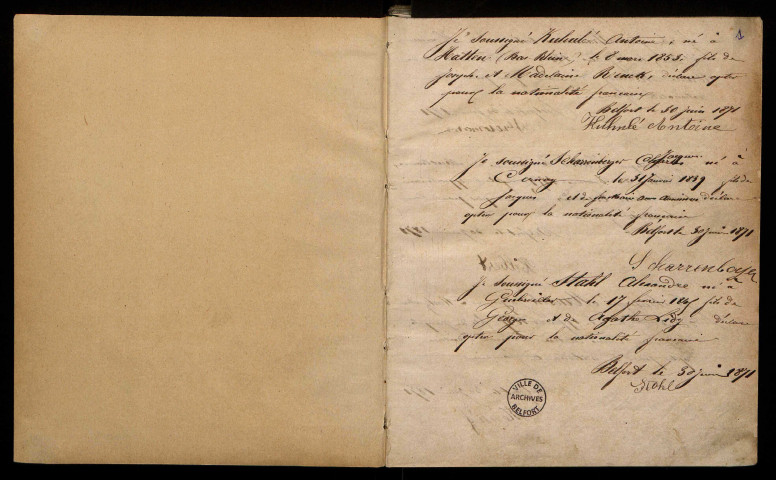 Option des Alsaciens-Lorrains pour la nationalité française : registre d'inscription, du 30 juin 1871 au 6 avril 1872.
