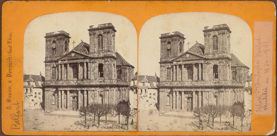 Vues stéréoscopiques de Belfort, par Adolphe Braun (1870-1871)
6 photographies noir et blanc
1/6 : côté nord de la Place d'Armes (maison Grosborne)
2/6 : Saint Christophe avant 1870
3/6 : Saint Christophe après les bombardements
4/6 : le Château
5/6 : des soldats allemands au pied de la Tour de la Miotte
6/6 : un fort occupé par les prussiens